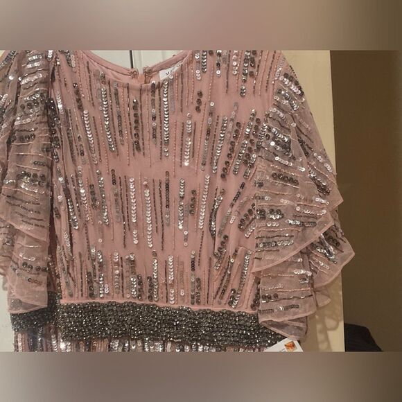 Mac Duggal Blush Sequin Embellished Full Length Layered Sleeve Gown Dress - Picture 9 of 13